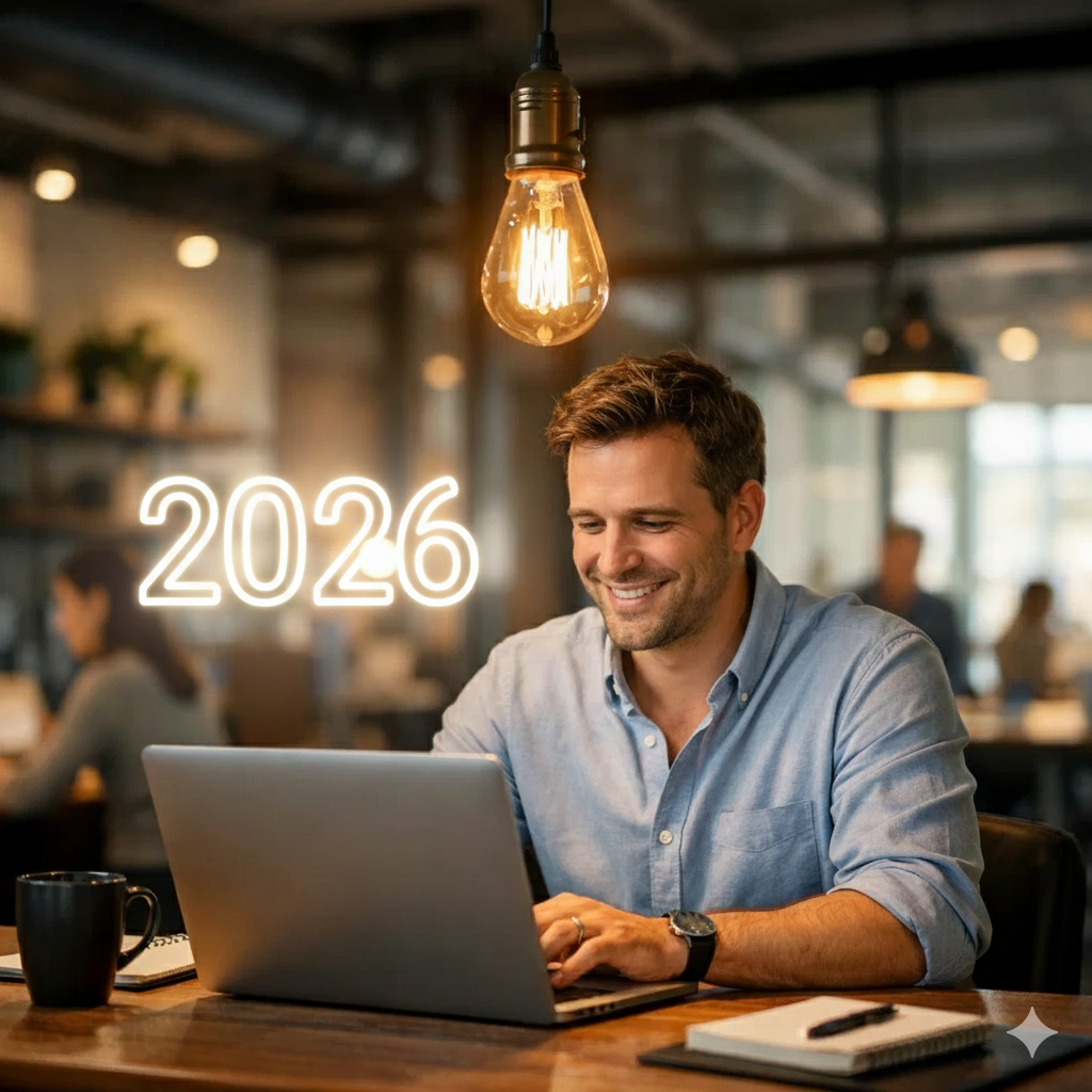 Mann arbeitet in Coworkingspace an Laptop, 2026